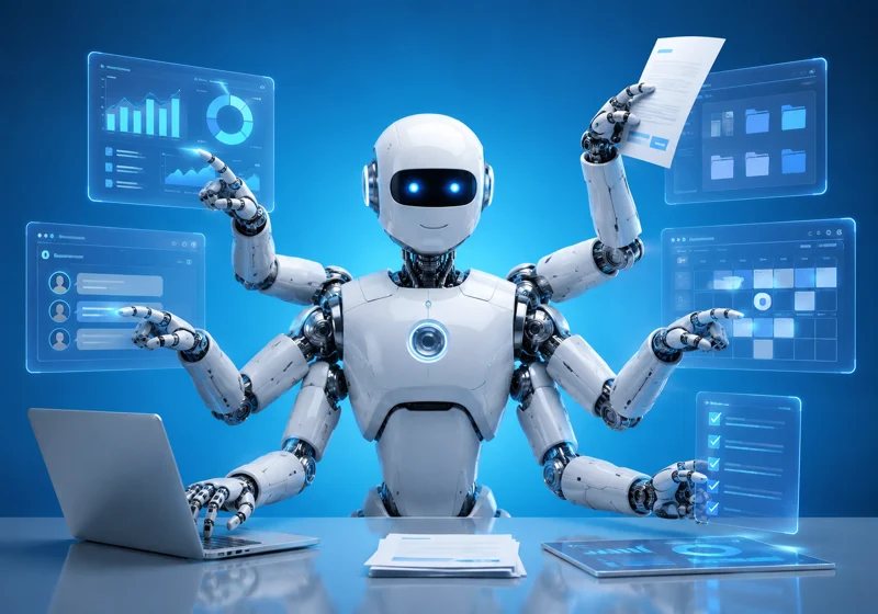Six-armed AI robot systematically managing business workflows, analytics, documents and communication