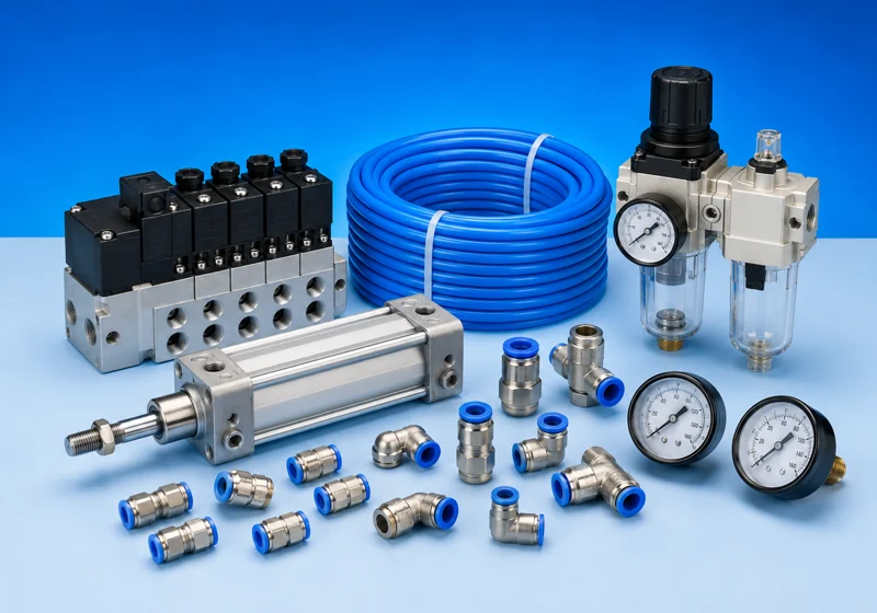 Pneumatic valves, blue PU tubing, push fittings, pneumatic cylinder, FRL assembly and pressure gauges